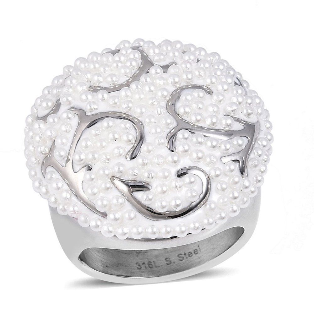 Simulated Pearl Ring in Stainless Steel Size 9